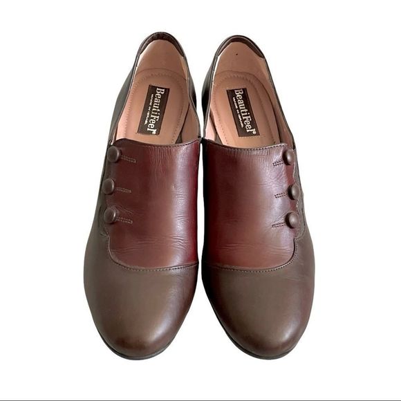 BEAUTIFEEL Leather Slip On Shoes With Small Heel Side Buttons Brown Burgundy 39 - Picture 4 of 11